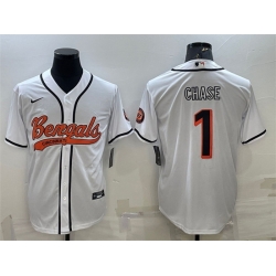 Men Cincinnati Bengals 1 Ja 27Marr Chase White With Patch Cool Base Stitched Baseball Jersey