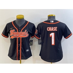 Women Cincinnati Bengals 1 Ja 27Marr Chase Black With Patch Cool Base Stitched Baseball Jersey