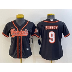 Women Cincinnati Bengals 9 Joe Burrow Black With Patch Cool Base Stitched Baseball Jersey