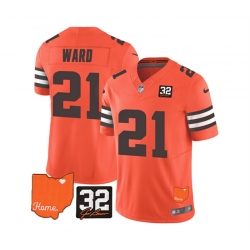 Men Cleveland Browns 21 Denzel Ward Orange 2023 F U S E  With Jim Brown Memorial Patch Vapor Untouchable Limited Stitched Jersey