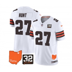 Men Cleveland Browns 27 Kareem Hunt White 2023 F U S E  With Jim Brown Memorial Patch Vapor Untouchable Limited Stitched Jersey
