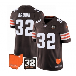 Men Cleveland Browns 32 Jim Brown Brown 2023 F U S E  With Jim Brown Memorial Patch Vapor Untouchable Limited Stitched Jersey