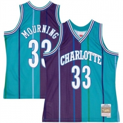 Men Charlotte Hornets 33 Alonzo Mourning Teal Purple Split 1992 93 Mitchell  26 Ness Swingman Stitched Jersey