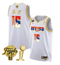 Men Denver Nuggets 15 Nikola Jokic 2023 White Gold Serbia Flag Finals Champions With NO 6 Patch Stitched Basketball Jersey