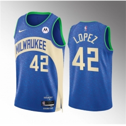 Men Milwaukee Bucks 42 Robin Lopez 2023 24 Blue City Edition Stitched Basketball Jersey