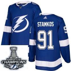 Men Adidas Tampa Bay Lightning 91 Steven Stamkos Authentic Royal Blue Home NHL Stitched 2021 Stanley Cup Champions Patch Jersey