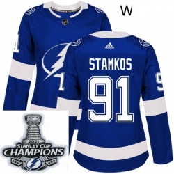 Women Adidas Tampa Bay Lightning 91 Steven Stamkos Authentic Royal Blue Home NHL Stitched 2021 Stanley Cup Champions Patch Jersey